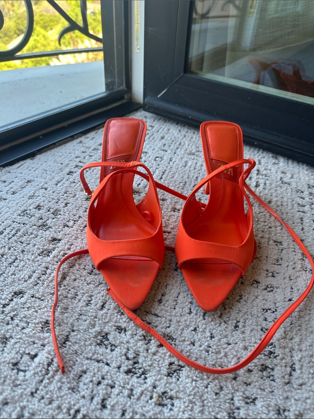 ZARA Bright Orange Pointed-Toe Lace-Up Heels
